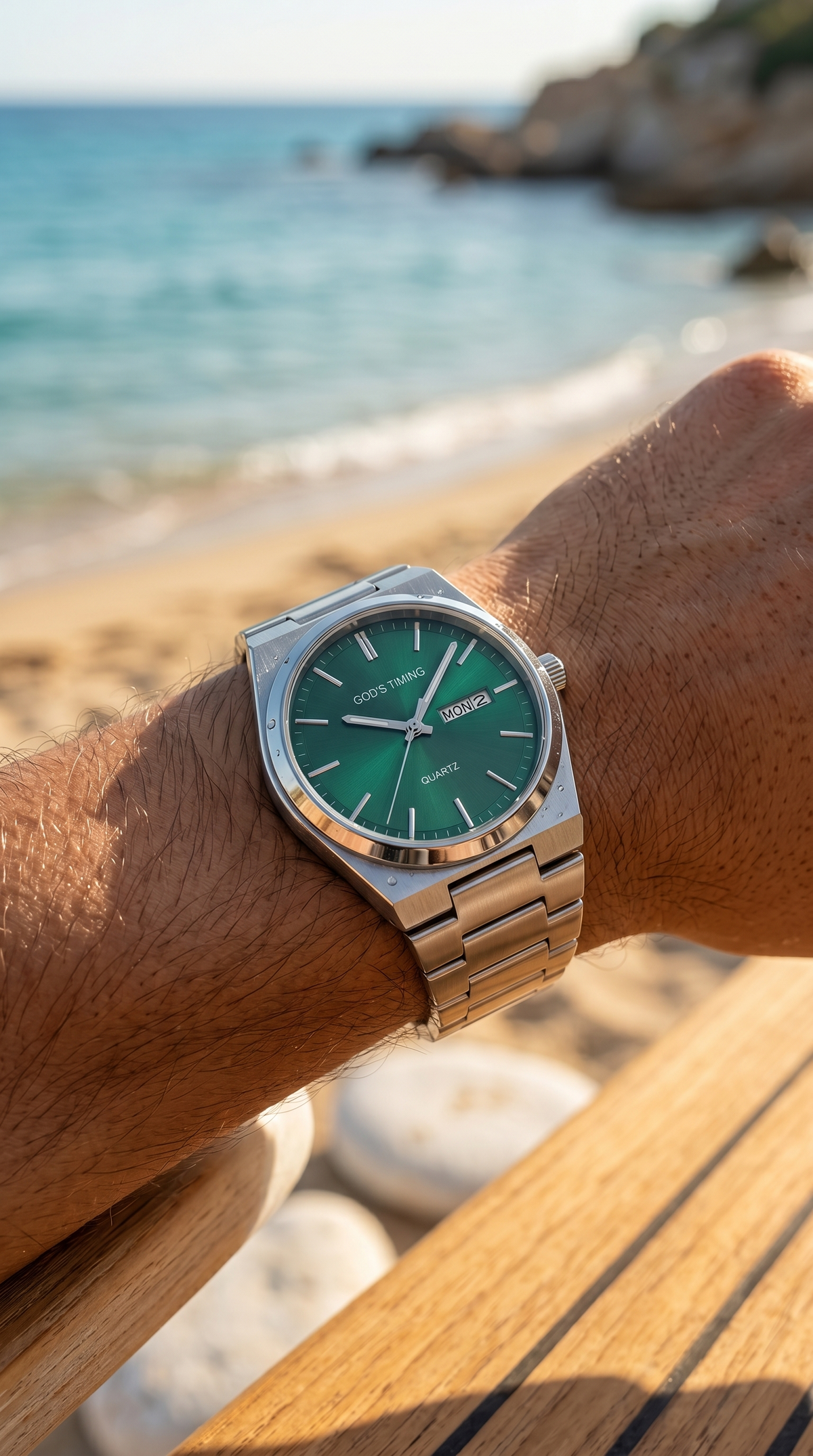Eden green watch worn on wrist